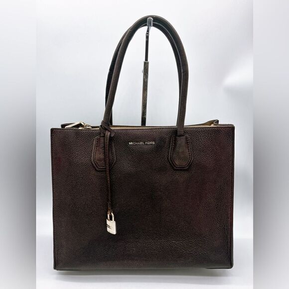 Michael Kors Pebbled Leather Mercer Handbag, Dyed Chocolate Brown - Picture 1 of 13